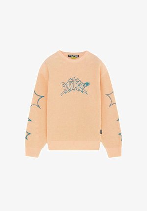 Maglione in maglia pesca con design astratto di ragnatela blu su petto e maniche, scollo a girocollo e polsini e orlo a coste.