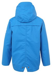 Giacca impermeabile blu con cappuccio, maniche lunghe, chiusure a bottoni all'orlo, con una texture liscia e materiale resistente.