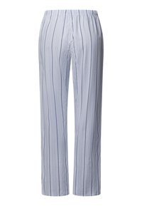 Lichtblauwe gestreepte katoenen pyjamabroek met een elastische tailleband. Rechte pijpen, met dunne verticale lijnen in een donkerder blauw.
