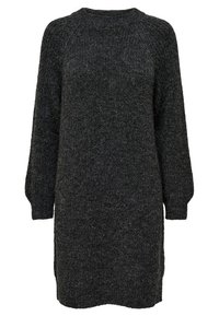 Robe en tricot gris foncé avec manches longues, col rond et coupe décontractée. Elle présente un matériau texturé et doux ainsi que des fentes latérales à l'ourlet.