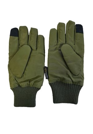 Pair of olive green insulated gloves with black touch-screen fingertips and ribbed knit cuffs, lying palm-up on a white background.