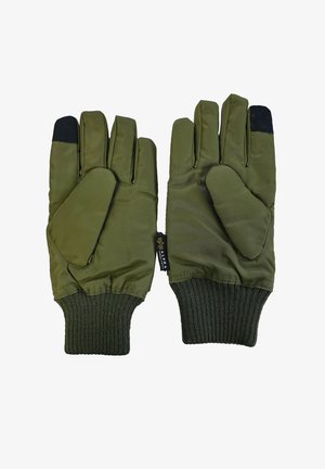 Pair of olive green insulated gloves with black touch-screen fingertips and ribbed knit cuffs, lying palm-up on a white background.
