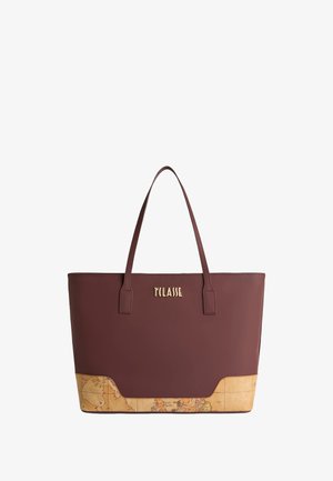 Borsa tote marrone con logo "1CLASSE" in oro, manici in pelle e dettaglio con stampa mappale beige lungo i bordi inferiori.