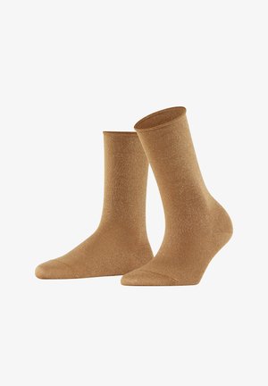 Brown ankle socks made of a shiny, textured material with a subtle shimmer. Features a ribbed cuff and reinforced toe and heel areas.
