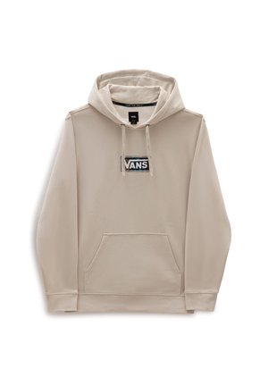 Beżowa bluza Vans z kapturem z kieszenią kangura z przodu, sznurkiem przy kapturze oraz czarno-białym logo Vans na piersi.