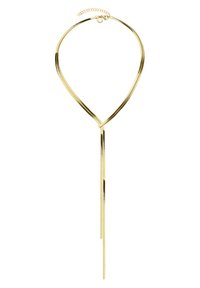 Gouden choker ketting met een gebogen ontwerp en twee langwerpige strengen, met een textuur op het oppervlak en een veilige kettingsluiting.