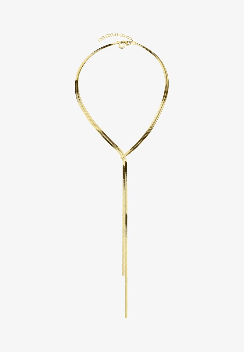 Goldfarbener Choker-Halsreifen mit geschwungenem Design und zwei länglichen Strängen, ausgestattet mit einer strukturierten Oberfläche und einem sicheren Kettenverschluss.