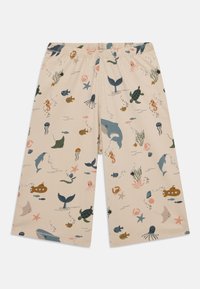 Beige shorts with an elastic waistband, featuring a colorful underwater print of sea creatures, plants, and bubbles. Soft fabric texture.