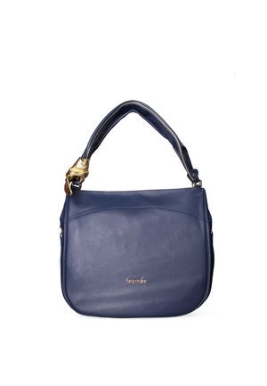 Donkerblauwe leren handtas met een enkele gewatteerde schouderband met een gouden accenten knoop en een klein gouden merklogo aan de voorkant.