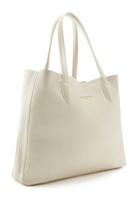 Cremfarbene Leder Tragetasche mit doppelten flachen Griffen, offenes Design und minimalistischem Stich. Mit eingeprägtem Logo auf der Vorderseite.