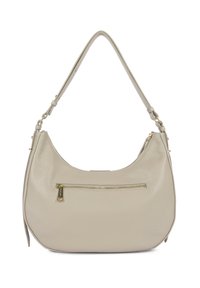 Borsa hobo in pelle beige con forma curva, design minimalista, tracolla singola e tasca frontale con cerniera.