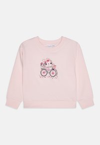 Vaaleanpunainen huppari, jossa on edessä kuva pyöräilevästä pupusta, jota ympäröivät kukat ja tähdet. Pehmeää puuvillamateriaalia, ribbaushihansuut.