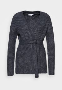 Mörkgrå stickad cardigan med v-ringning, långa ärmar och knytbälte. Har ribbad textur och öppen framsida.