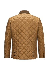 Braune gesteppte Jacke mit einer strukturierten Oberfläche, ausgestattet mit einem gerippten Kragen und Druckknopf-Details an den Seiten und Bündchen.