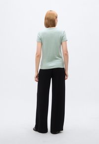 Μπλουζάκι σε μέντα πράσινο με κοντά μανίκια, συνδυασμένο με φαρδιά μαύρη παντελόνα. Το ύφασμα φαίνεται λείο, με εφαρμοστή γραμμή και ελάχιστες λεπτομέρειες.