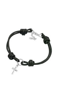 Schwarzes Lederarmband mit Knotenakzenten, ausgestattet mit einem silbernen Kreuzanhänger und einem Metallverschluss. Strukturierter Schnur und verstellbares Kettendetail.