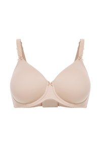 Lys beige bh med glat stof, formede skåle, dekorative blondestropper og en lille sløjfedetalje i midten. Blød tekstur og sømløst design.