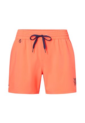 Fel koraalrode zwemshorts met elastische tailleband en marineblauw trekkoord, met klein logo op het linkerbeen en een effen ontwerp.