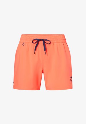 Fel koraalrode zwemshorts met elastische tailleband en marineblauw trekkoord, met klein logo op het linkerbeen en een effen ontwerp.