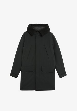 Zwarte parka met een structuur van een bontkraag, twee grote voorzakken en een recht gesneden ontwerp met een ritssluiting.