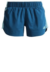 Pantalones cortos deportivos azules con cintura elástica, que presentan tres franjas azul claro a lo largo de los lados y un logo en la parte frontal inferior.