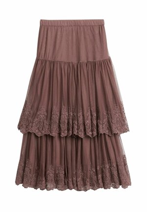 Jupe marron à volants confectionnée dans un tissu doux, dotée d'une taille élastique et d'élégantes broderies en dentelle délicate sur l'ourlet.