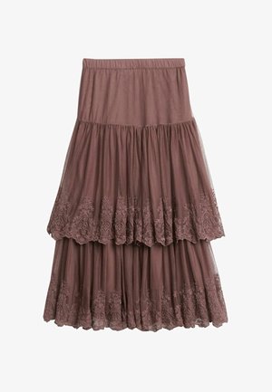 Brauner, mehrlagiger Rock aus weichem Stoff mit elastischem Bund und zarten, bestickten Spitzenakzenten am Saum.