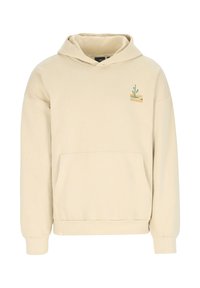 Beige Kapuzenpullover mit einer Vordertasche, der ein kleines grünes Blatt- und Sanddesign auf der Brust hat. Weicher Stoff mit gerippten Bündchen.