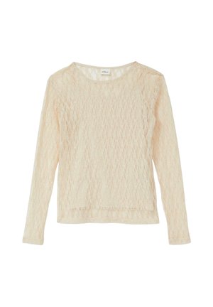 Beżowa bluzka z długim rękawem z koronki w diamentowy wzór, z okrągłym dekoltem i półprzezroczystej tkaniny.