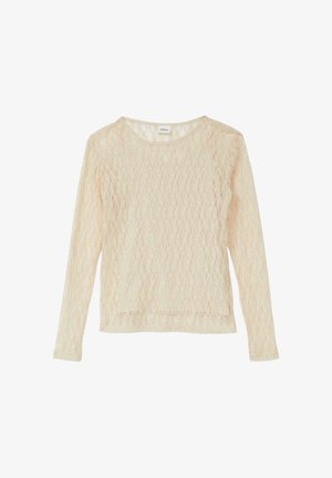 Beige lange mouw kanten top met een diamantpatroon, ronde hals en semi-transparante stof.