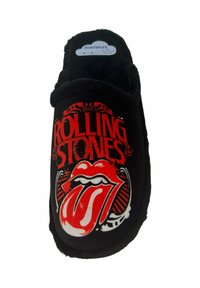 Zapatilla negra con el logo rojo de "Rolling Stones" y un gráfico destacado de lengua. Material suave con un forro interior texturizado.