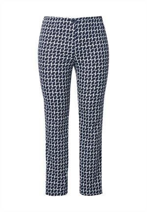 Pantaloni a gamba dritta con motivo a foglie blu navy e bianche, chiusura con bottone e cerniera, tasche frontali e lunghezza alla caviglia.