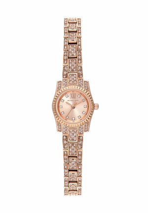 Rose gold Michael Kors wristwatch with crystal-studded band and hour markers, round face, Roman numeral XII, and three hands showing 10:08:36.