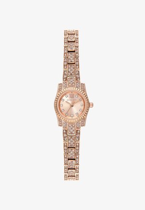 Orologio da polso Michael Kors in oro rosa con cinturino e marcatori delle ore tempestati di cristalli, quadrante rotondo, numero romano XII e tre lancette che segnano le 10:08:36.