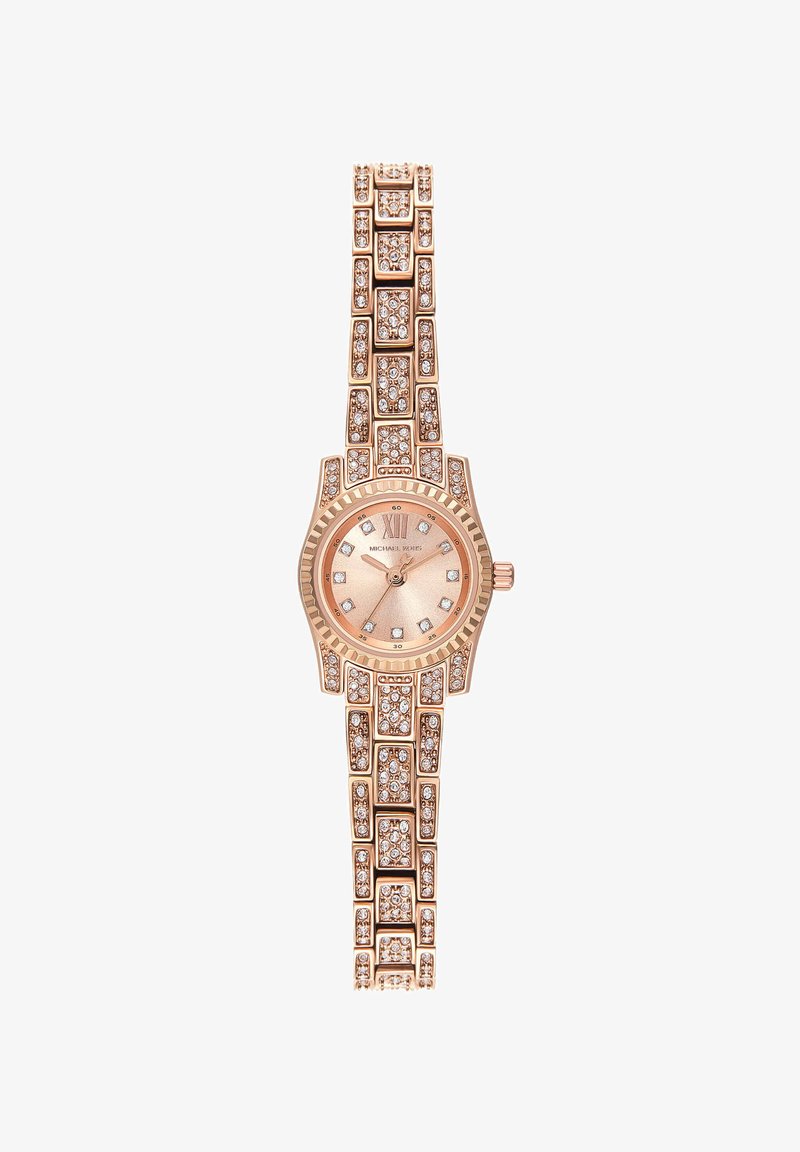 Montre-bracelet Michael Kors en or rose avec bracelet et index des heures ornés de cristaux, cadran rond, chiffre romain XII et trois aiguilles indiquant 10:08:36.