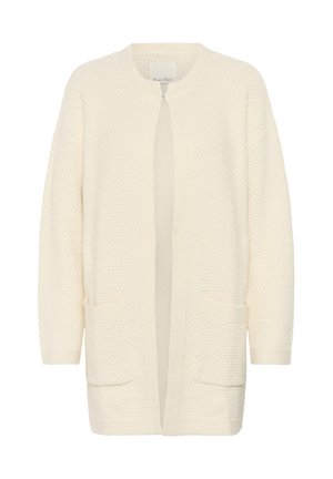 Knit cardigan in ivory with a textured pattern, open front, and two front pockets. Features a round neckline and relaxed fit.