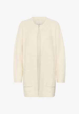Cardigan en tricot ivoire avec un motif texturé, devant ouvert et deux poches avant. Présente un col rond et une coupe décontractée.