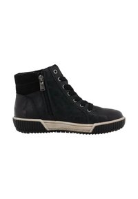 Svart høyverdig sneaker laget av syntetisk lær, med glidelås på siden, snøring og en teksturert gummisåle med kontrastfarget hvit kant.