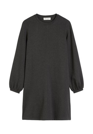 Mørkegrå, langermet kjole laget av myk stoff. Har rund halsutringing og gathered mansjetter med en rett snitt design.
