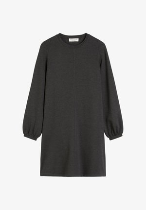Abito lungo a maniche lunghe di colore grigio scuro realizzato in tessuto morbido. Presenta un collo rotondo e polsini arricciati con un design a taglio dritto.