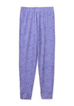 Leggings viola con piccolo motivo a fiore bianco, vita elastica e gambe affusolate su sfondo bianco.
