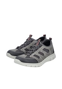 Chaussures de sport pour hommes avec une tige en mesh gris et noir, caractérisées par des lacets élastiques, une semelle en caoutchouc, et des coutures renforcées pour plus de durabilité.