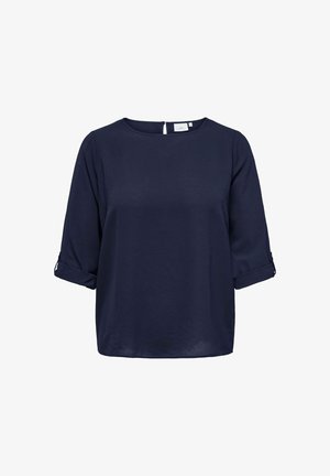 Navy blue top with a round neckline, three-quarter sleeves, and rolled cuffs. Made from lightweight fabric with a smooth texture.
