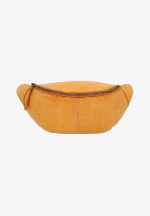Leren pouch in een warme geel-oranje tint, met een gebogen vorm, bovenste ritssluiting en een gladde textuur met subtiele nerfdetails.