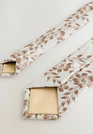 Florale Krawatte mit hellem cremefarbenem Hintergrund, braunen Blumenmustern und dünnen Streifen, versehen mit einer strukturierten, goldbeigen Unterseite.