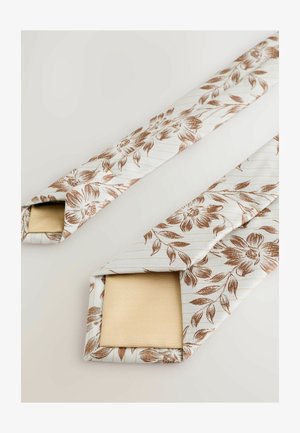 Florale Krawatte mit hellem cremefarbenem Hintergrund, braunen Blumenmustern und dünnen Streifen, versehen mit einer strukturierten, goldbeigen Unterseite.