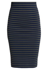 Klasická tužková sukně délky ke kolenům s vodorovnými pruhy v námořnické modři a olivově zelené. Vyrobena z pružné látky s hladkou texturou a přiléhavým střihem.