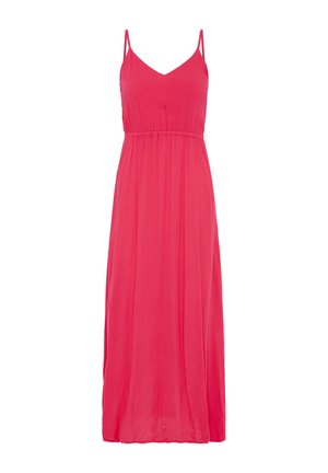 Robe maxi rouge sans manches avec fines bretelles et taille cintrée, s'évasant librement à partir de la taille.