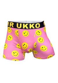 Boxers rosa con patrones de caras sonrientes amarillas. Cintura negra con "MR UKKO" en letras amarillas. Material suave y elástico.