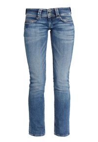 Světle modré džínové kalhoty s úzkým střihem, zapínání na dvě knoflíky a vybledlý design. Obsahují jemné prošívání a pět kapes.